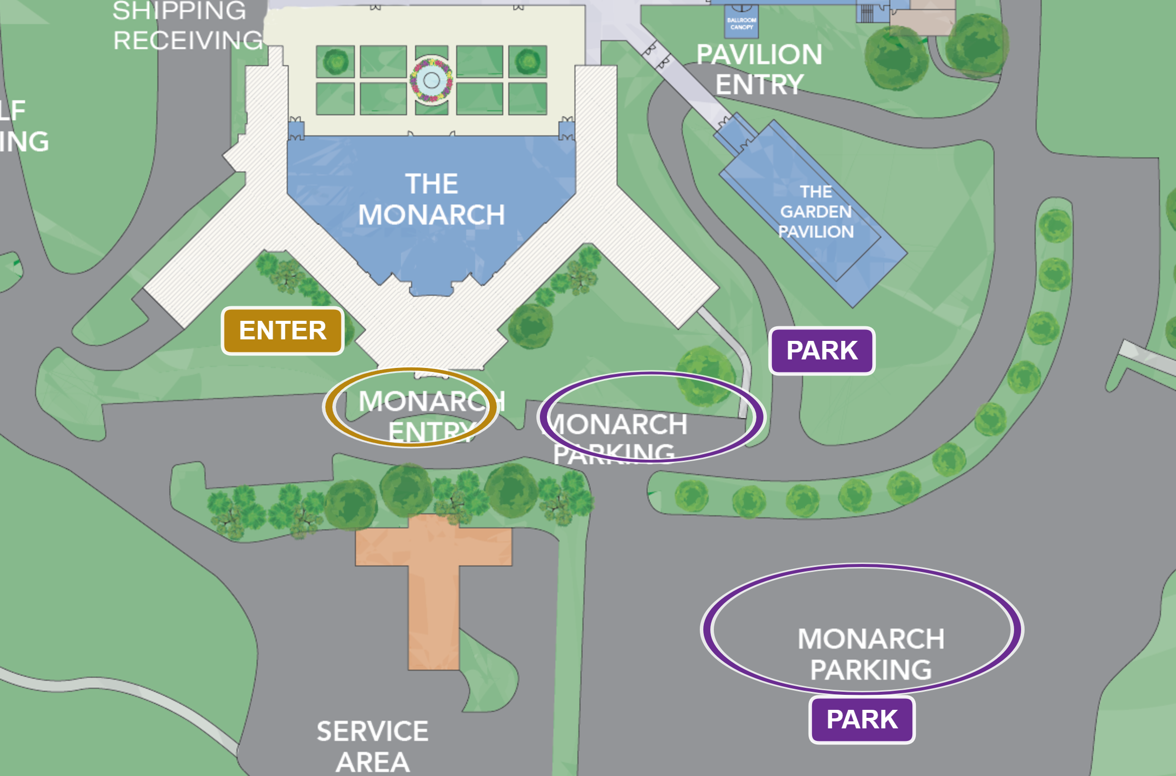 Site map with the Monarch parking lots and Monarch entry marked